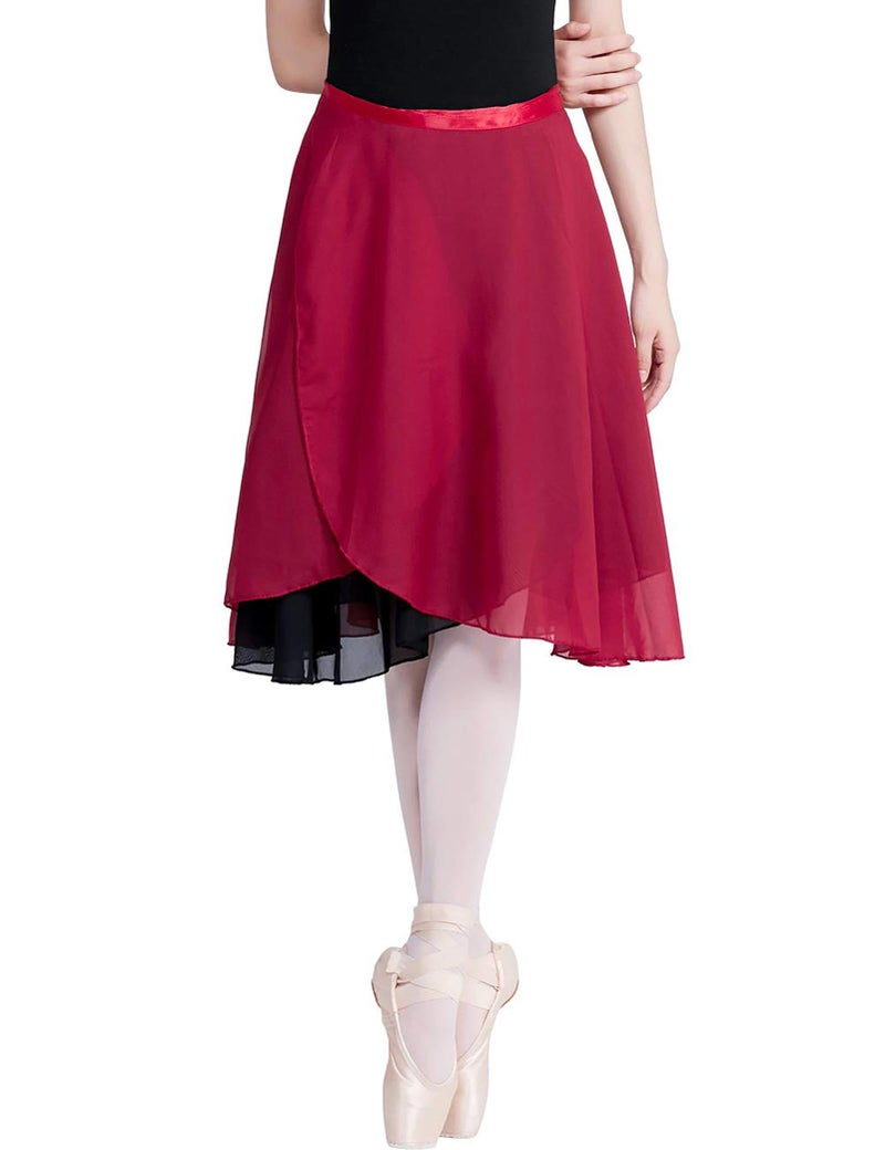 Daydance Burgundy Women's Ballet Skirt Knee Length Wrap Dance Skirts 2 Layers - Image 2